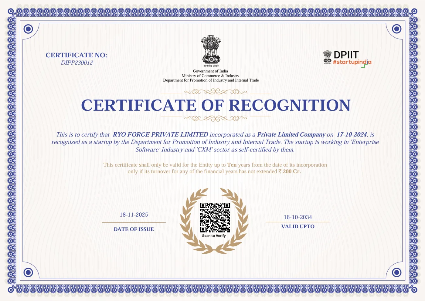 Ryo Forge Private Limited's DPIIT Certificate of Recognition, number DIPP230012