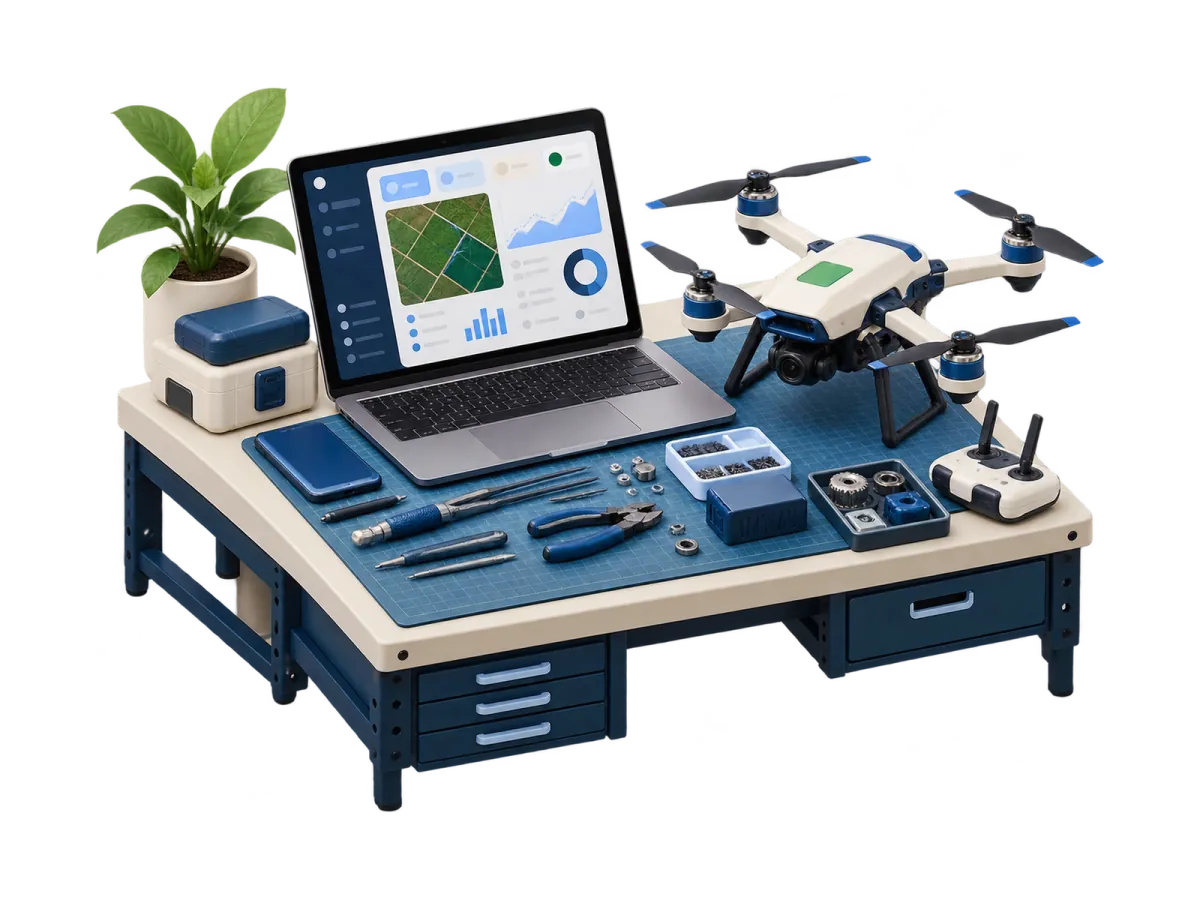 Studio workbench with a laptop dashboard and an agricultural drone
