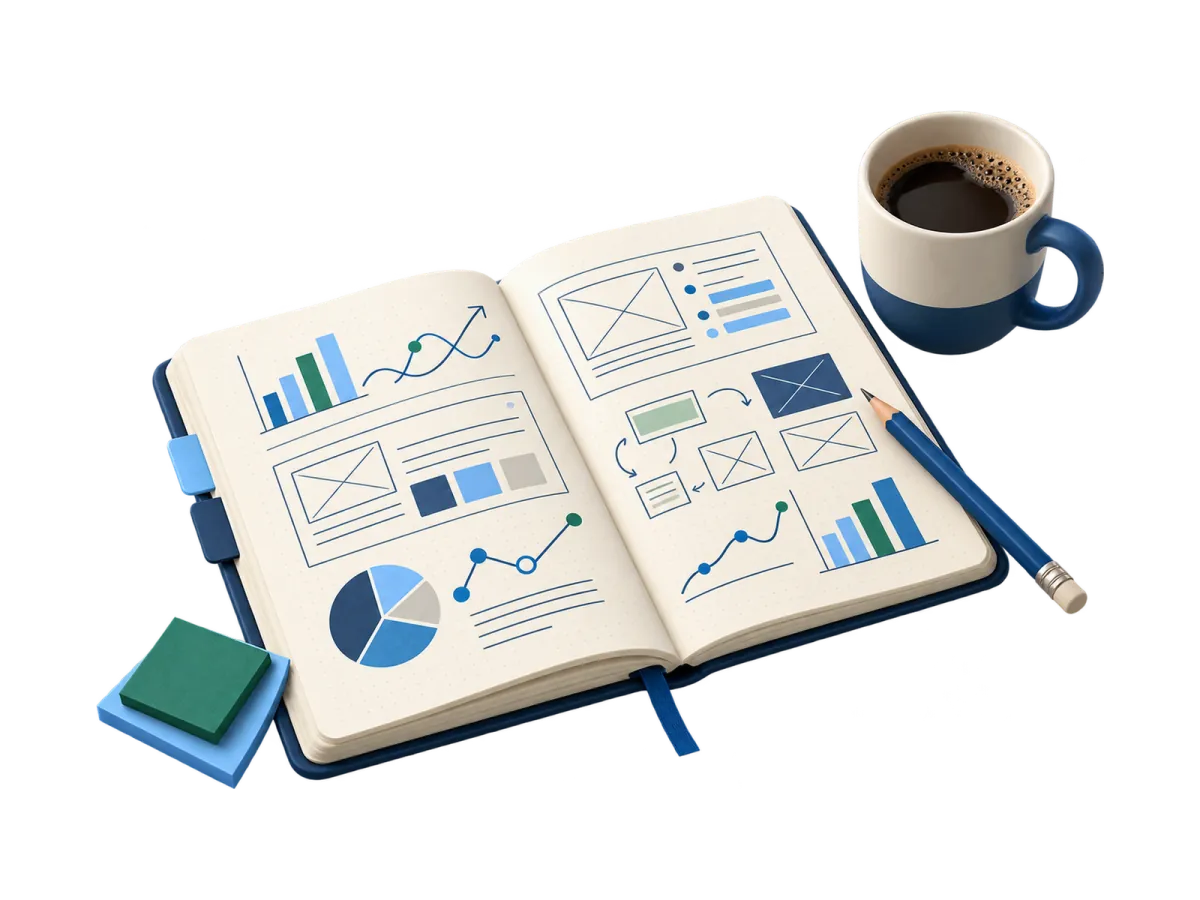 Notebook with sketched charts and wireframes