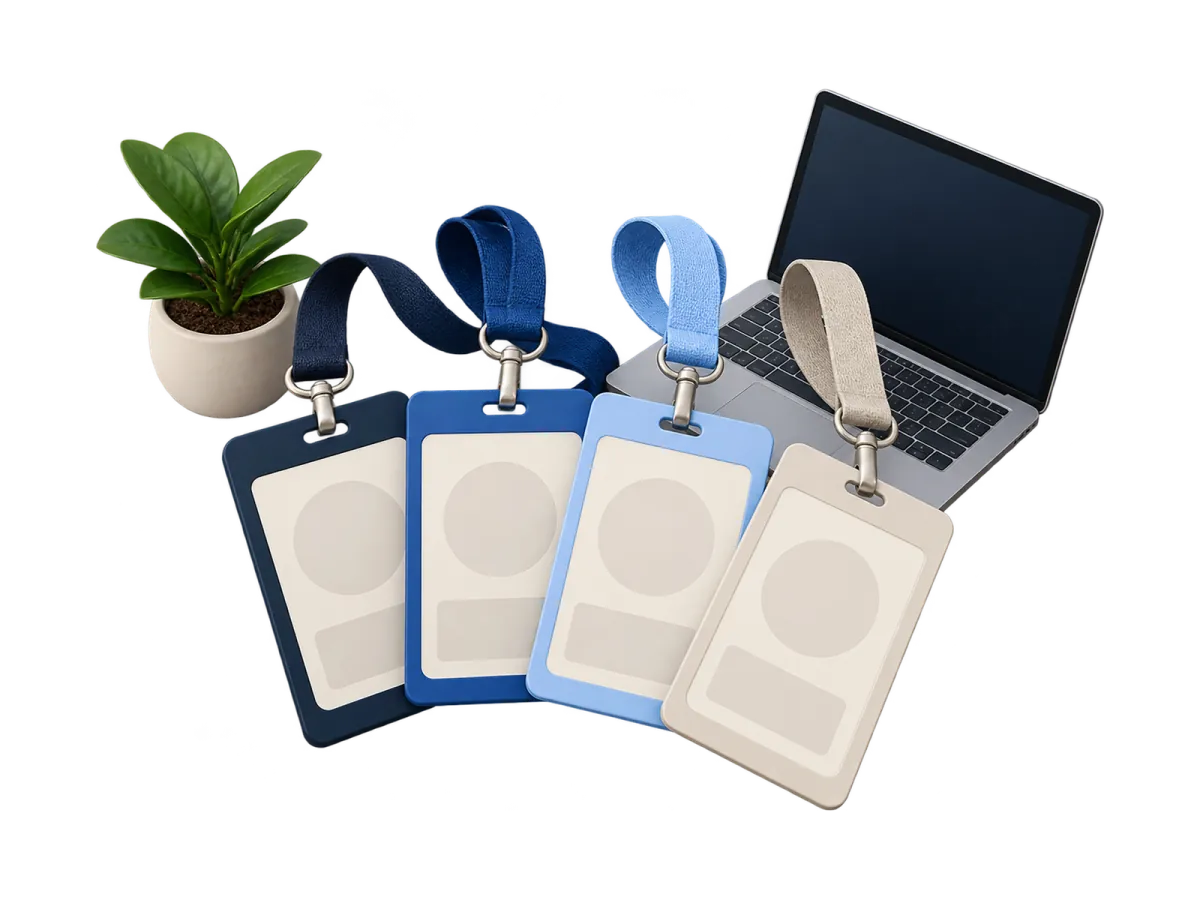 Team badge cards on a desk