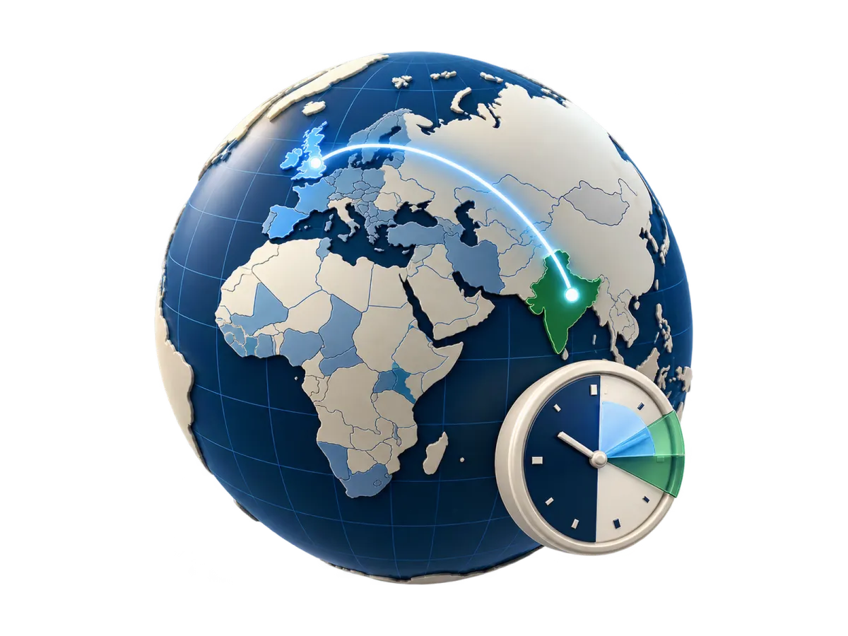 Globe with a connection from India to the United Kingdom and overlapping working hours