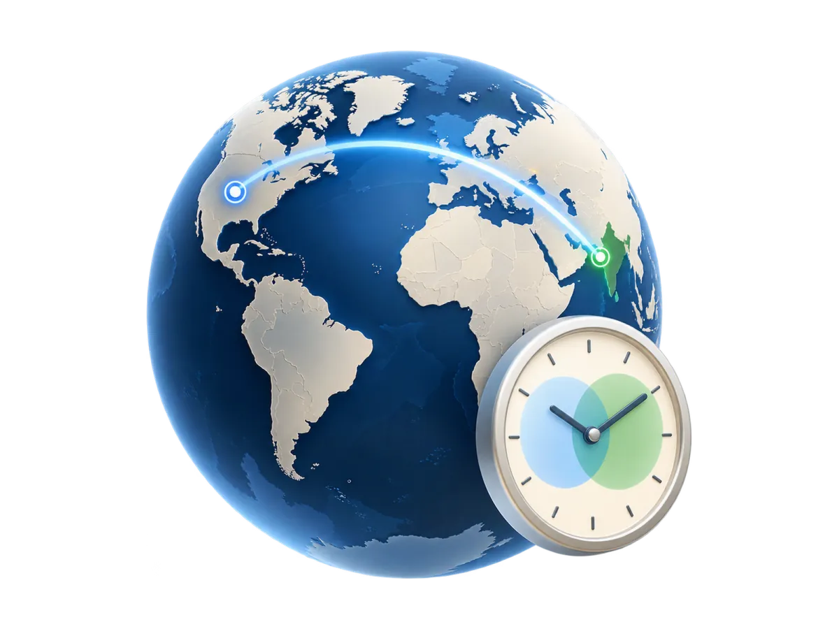 Globe with a connection from India to the United States and overlapping working hours