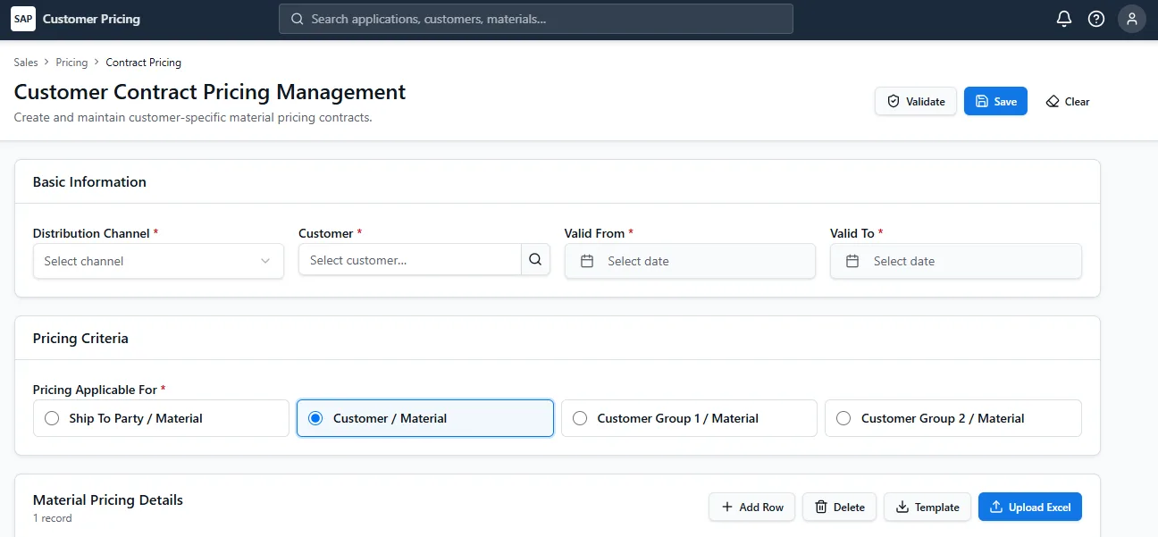 Custom SAP app built by Ryo Forge for managing customer-specific pricing contracts